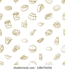 American food, Japanese food, Seafood, Snacks and Table setting set. Background for printing, design, web. Usable as icons. Seamless. Binary color.