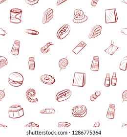 American food, Japanese food, Seafood, Snacks and Table setting set. Background for printing, design, web. Usable as icons. Seamless. Binary color.