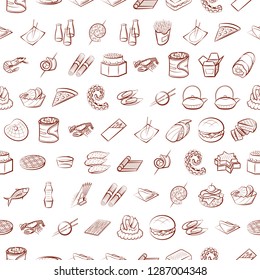 American food, Japanese food, Seafood, Snacks and Table setting set. Background for printing, design, web. Usable as icons. Seamless. Binary color.