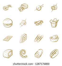 American food, Japanese food, Seafood, Snacks and Table setting set. Background for printing, design, web. Usable as icons. Binary color.