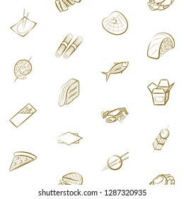 American food, Japanese food, Seafood, Snacks and Table setting set. Background for printing, design, web. Usable as icons. Seamless. Binary color.