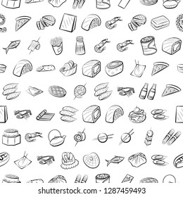 American food, Japanese food, Seafood, Snacks and Table setting set. Background for printing, design, web. Usable as icons. Seamless. Monochrome binary, black and white.