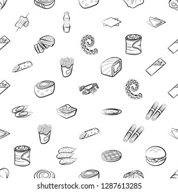American food, Japanese food, Seafood, Snacks and Table setting set. Background for printing, design, web. Usable as icons. Seamless. Monochrome binary, black and white.