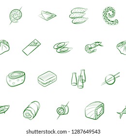 American food, Japanese food, Seafood, Snacks and Table setting set. Background for printing, design, web. Usable as icons. Seamless. Binary color.