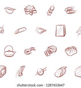 American food, Japanese food, Seafood, Snacks and Table setting set. Background for printing, design, web. Usable as icons. Seamless. Binary color.