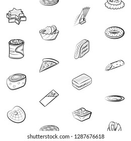 American food, Japanese food, Seafood, Snacks and Table setting set. Background for printing, design, web. Usable as icons. Seamless. Monochrome binary, black and white.
