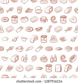 American food, Japanese food, Seafood, Snacks and Table setting set. Background for printing, design, web. Usable as icons. Seamless. Binary color.
