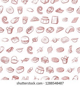 American food, Japanese food, Seafood, Snacks and Table setting set. Background for printing, design, web. Usable as icons. Seamless. Binary color.