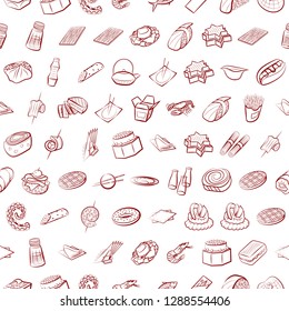 American food, Japanese food, Seafood, Snacks and Table setting set. Background for printing, design, web. Usable as icons. Seamless. Binary color.