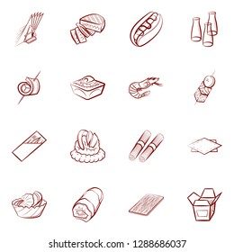 American food, Japanese food, Seafood, Snacks and Table setting set. Background for printing, design, web. Usable as icons. Binary color.