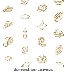 American food, Japanese food, Seafood, Snacks and Table setting set. Background for printing, design, web. Usable as icons. Seamless. Binary color.