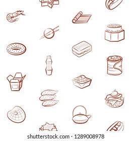 American food, Japanese food, Seafood, Snacks and Table setting set. Background for printing, design, web. Usable as icons. Seamless. Binary color.