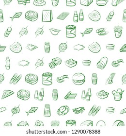 American food, Japanese food, Seafood, Snacks and Table setting set. Background for printing, design, web. Usable as icons. Seamless. Binary color.