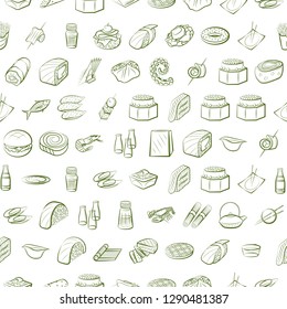 American food, Japanese food, Seafood, Snacks and Table setting set. Background for printing, design, web. Usable as icons. Seamless. Binary color.