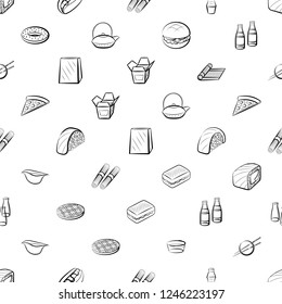 American food and Japanese food set. Background for printing, design, web. Usable as icons. Seamless. Monochrome binary, black and white.