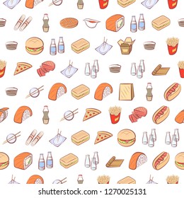 American food and Japanese food set. Background for printing, design, web. Usable as icons. Seamless. Colored.