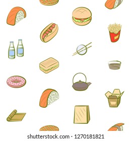 American food and Japanese food set. Background for printing, design, web. Usable as icons. Seamless. Colored.