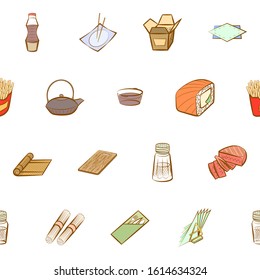 American food, Japanese food and Table setting set. Background for printing, design, web. Usable as icons. Seamless. Colored.