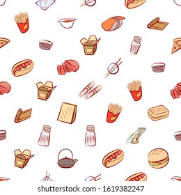 American food, Japanese food and Table setting set. Background for printing, design, web. Usable as icons. Seamless. Colored.