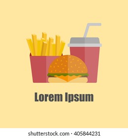 American food or meals concept. Fast food cafe or restaurant. Flat objects: burger, french fries, soda. Junk unhealthy food. Obesity concept for flat infographics. American cuisine background