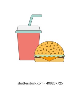 American food or meals concept. Fast food cafe or restaurant. Flat line objects: burger soda. Junk unhealthy food. Obesity concept for flat infographics. American cuisine background