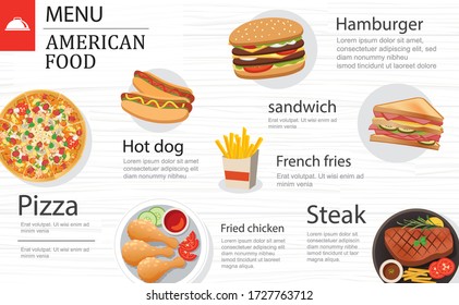 American Food Menu Restaurant On A White Wooden Table Top Template Background. Use For Poster, Print, Flyer, Brochure.