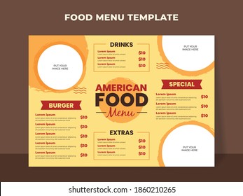 American food menu template with burger menu, drinks and other menu items