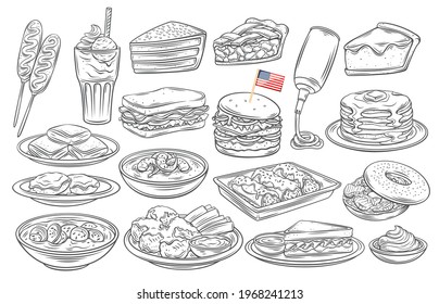 American food outline vector icon. Drawn monochrome corn dog, clam chowder, biscuits and gravy, apple pie, blt. Red velvet cake, grits, monte cristo sandwich, pancakes, maple, spray cheese and ets