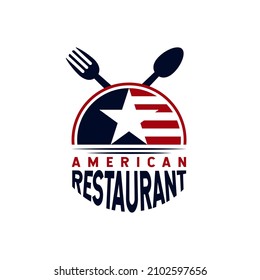 American Food Restaurant Logo. USA flag symbol with Spoon, Fork, and Star icons. On blue, red, and white colors. Premium and Luxury  vector illustration