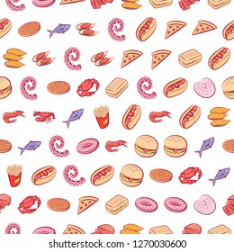 American food and Seafood set. Background for printing, design, web. Usable as icons. Seamless. Colored.
