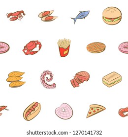 American food and Seafood set. Background for printing, design, web. Usable as icons. Seamless. Colored.