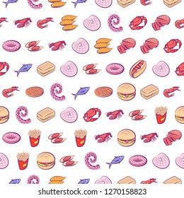 American food and Seafood set. Background for printing, design, web. Usable as icons. Seamless. Colored.
