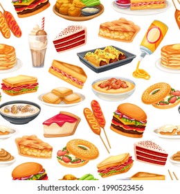 American food seamless pattern, vector illustration. Corn dog, clam chowder, blt, sandwich and buffalo wings. Red velvet cake, grits, monte cristo sandwich, pancakes, maple, spray cheese and ets