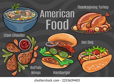 American food. A set of classic dishes. Cartoon hand drawn illustration.