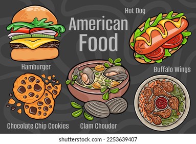 American food. A set of classic dishes. Cartoon hand drawn illustration.