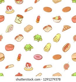American food and Snacks set. Background for printing, design, web. Usable as icons. Seamless. Colored.