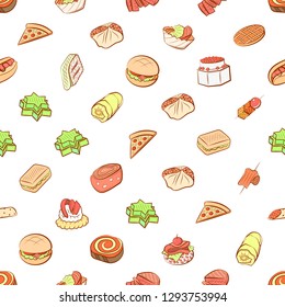 American food and Snacks set. Background for printing, design, web. Usable as icons. Seamless. Colored.