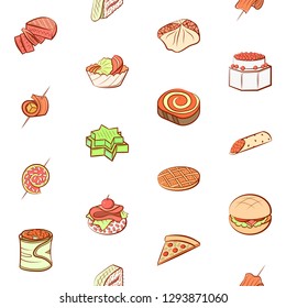 American food and Snacks set. Background for printing, design, web. Usable as icons. Seamless. Colored.