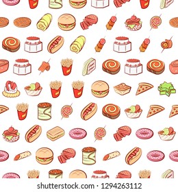 American food and Snacks set. Background for printing, design, web. Usable as icons. Seamless. Colored.
