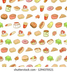 American food and Snacks set. Background for printing, design, web. Usable as icons. Seamless. Colored.