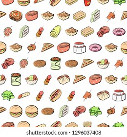 American food and Snacks set. Background for printing, design, web. Usable as icons. Seamless. Colored.