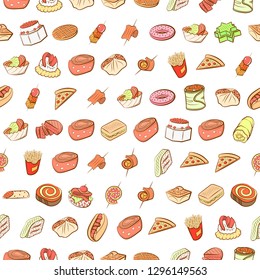 American food and Snacks set. Background for printing, design, web. Usable as icons. Seamless. Colored.