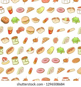 American food and Snacks set. Background for printing, design, web. Usable as icons. Seamless. Colored.