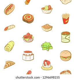 American food and Snacks set. Background for printing, design, web. Usable as icons. Seamless. Colored.