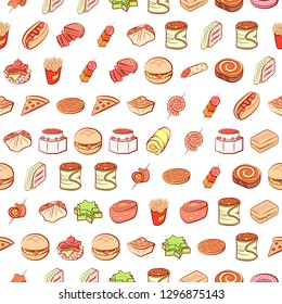 American food and Snacks set. Background for printing, design, web. Usable as icons. Seamless. Colored.