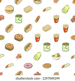 American food and Snacks set. Background for printing, design, web. Usable as icons. Seamless. Colored.