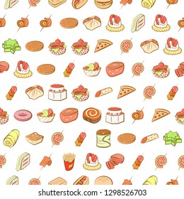 American food and Snacks set. Background for printing, design, web. Usable as icons. Seamless. Colored.