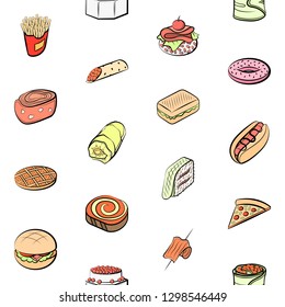 American food and Snacks set. Background for printing, design, web. Usable as icons. Seamless. Colored.