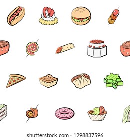 American food and Snacks set. Background for printing, design, web. Usable as icons. Seamless. Colored.