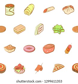 American food and Snacks set. Background for printing, design, web. Usable as icons. Seamless. Colored.